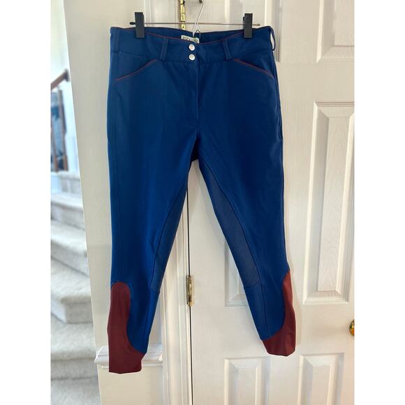 Dover Saddlery Navy Blue Brown Horsebit Print Equestrian Riding Pants - Picture 1 of 7
